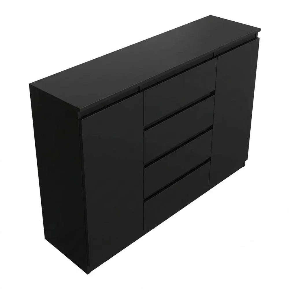 Schwarze Kommode mit 4 Schubladen und 2 Türen, 120 cm, für Wohnzimmer oder Schlafzimmer