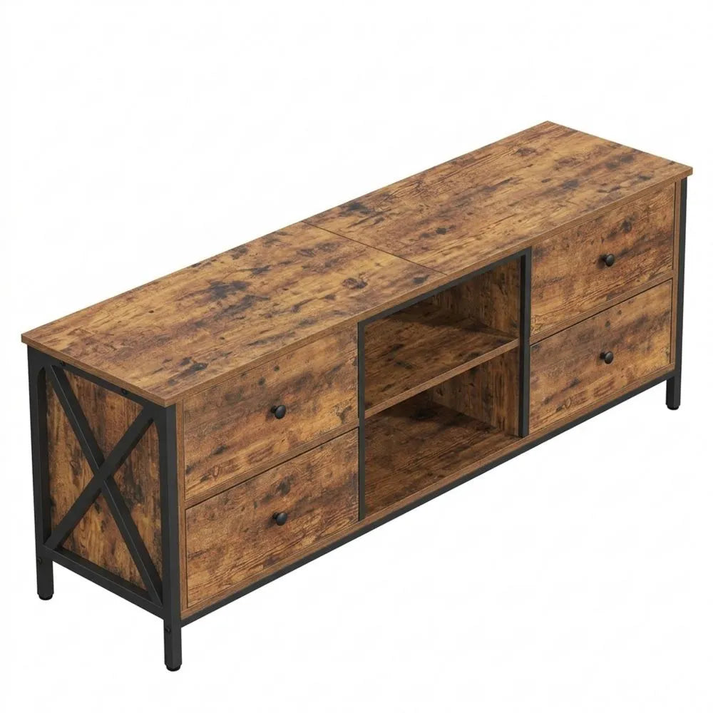 Vielseitiger TV-Schrank mit Schubladen und offenen Fächern, geeignet für Fernseher bis 65 Zoll, 40 x 147 x 50 cm, Vintagebraun-Schwarz