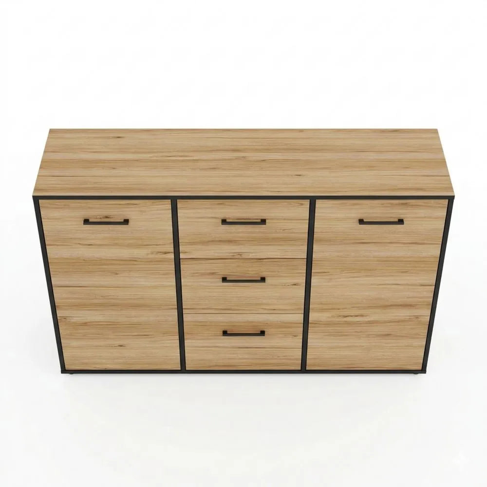 Elegantes Sideboard mit Schubladen und Türen, Eiche/Schwarz, 141,2 x 84,9 x 42 cm